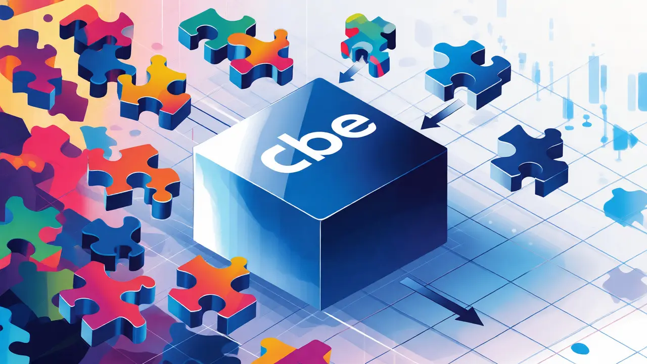 Isometric view of fragmented crypto exchanges consolidating into a single entity.